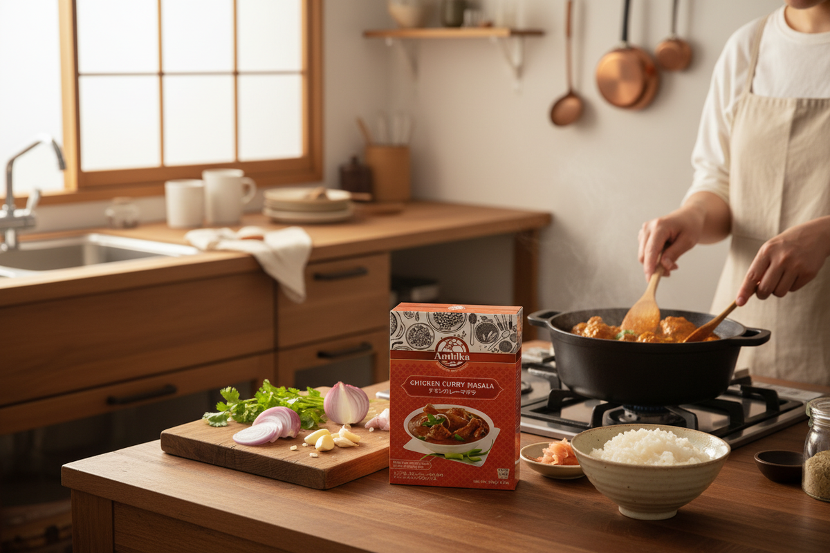 Ambikaチキンカレーマサラを使った料理シーン