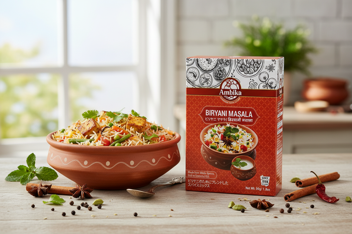 Ambikaビリヤニマサラを使った料理シーン