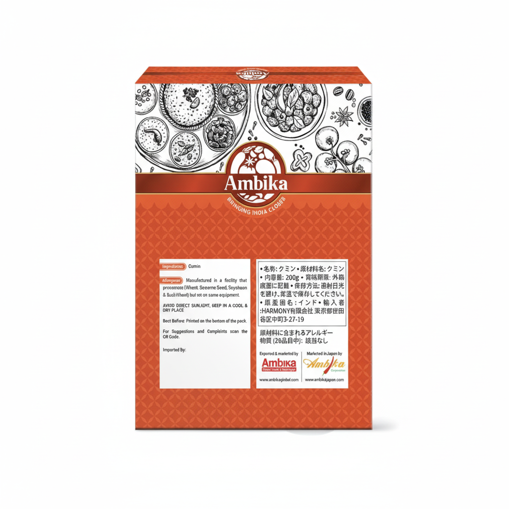 Ambikaクミンホール パッケージ裏面 原材料表示